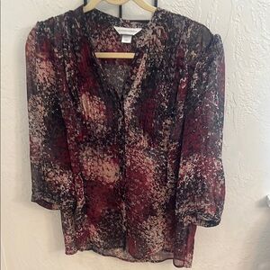 Christopher & Banks Red Black Graphic 3/4 Sleeve Blouse